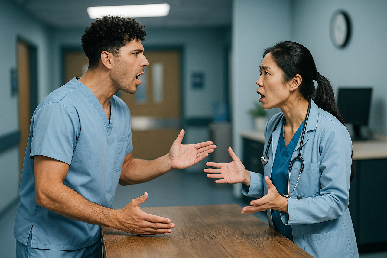 Two healthcare professionals in scrubs are engaged in a heated conversation across a wooden table in a hospital setting. The man on the left gestures emphatically with open hands and a tense expression, while the woman on the right, wearing a lab coat and stethoscope, looks equally intense, her hands raised in frustration. The background includes hospital furnishings, suggesting a clinical environment.