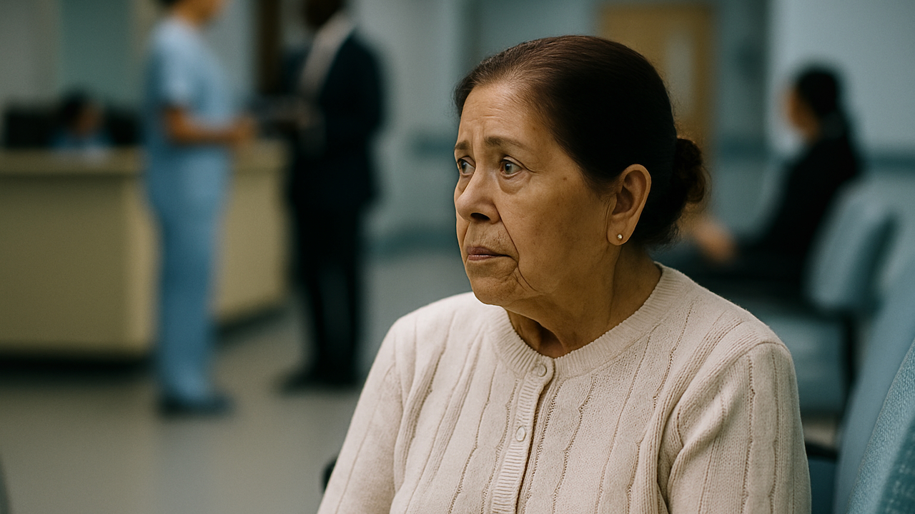 An older Latina woman sits in a hospital waiting room, looking off to the side with a concerned and slightly anxious expression. She wears a light-colored, buttoned sweater and small stud earrings. The background is softly blurred, showing other people seated and standing near a reception desk, emphasizing the woman’s emotional focus and sense of isolation.