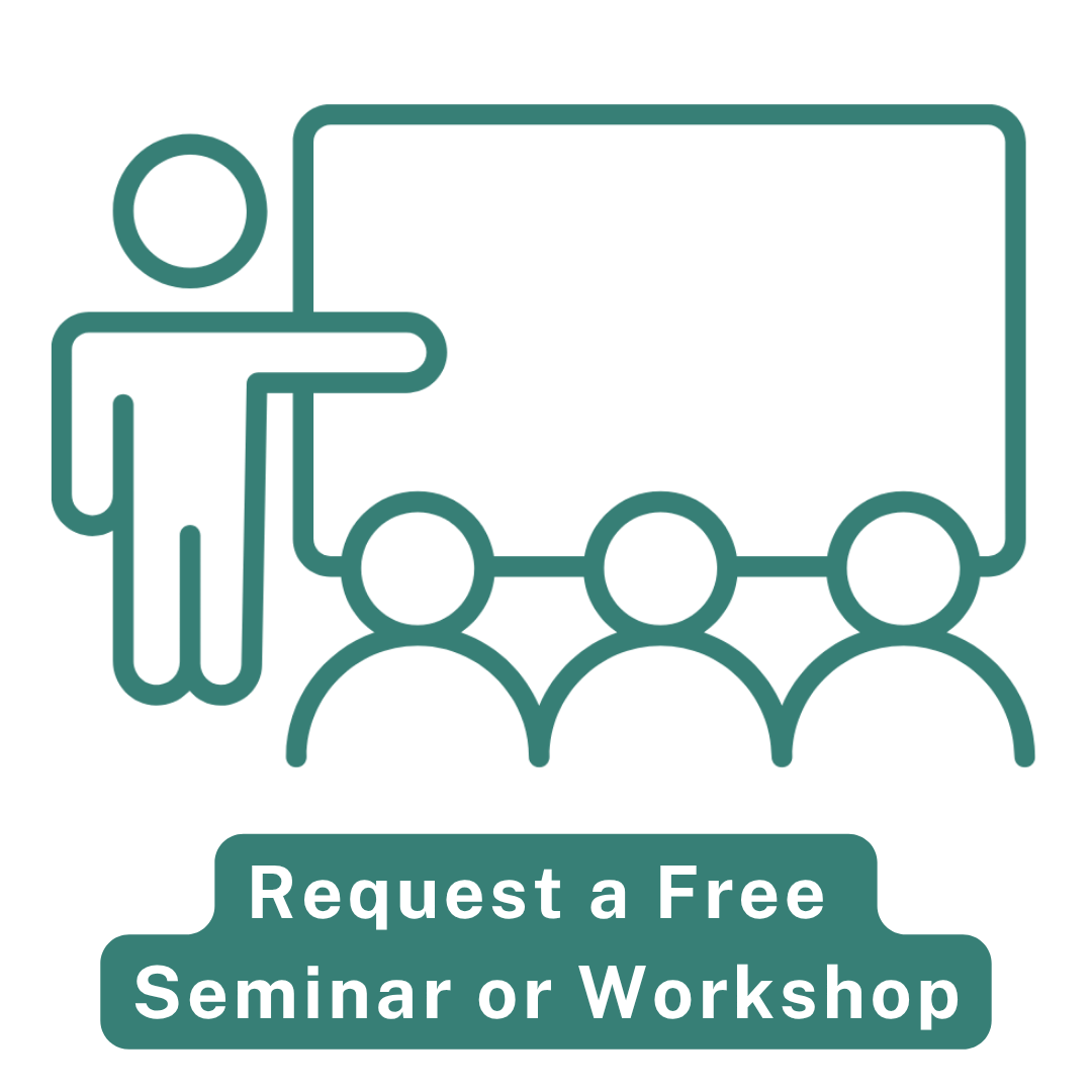Presenter teaching audience with text Request a Free Seminar or Workshop