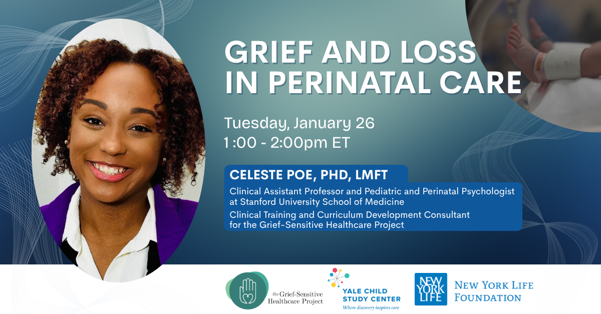 Graphic listing grief in perinatal care webinar title and details