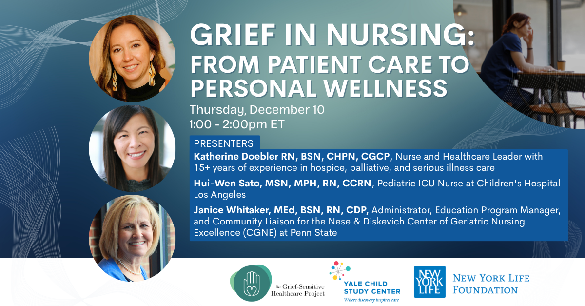 Graphic listing nursing grief webinar title and details